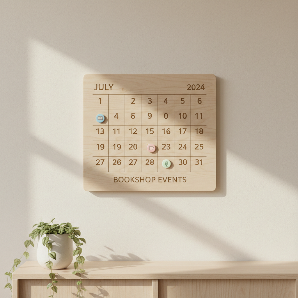 A clean, minimalist wooden wall calendar with neatly engraved date numbers and tiny, pastel-colored magnets marking upcoming bookshop events, mounted above a slim, pale ash sideboard. Subtle trailing greenery in a ceramic pot adds a hint of organic texture. The scene is illuminated by gentle midday natural light, producing soft highlights and gentle shadow gradients along the wood and ceramics. Photographically composed with centered framing and plenty of airy negative space, the mood is organized and welcoming, maintaining the site’s refined, sophisticated tone, and spotlighting the business’s literary event agenda.